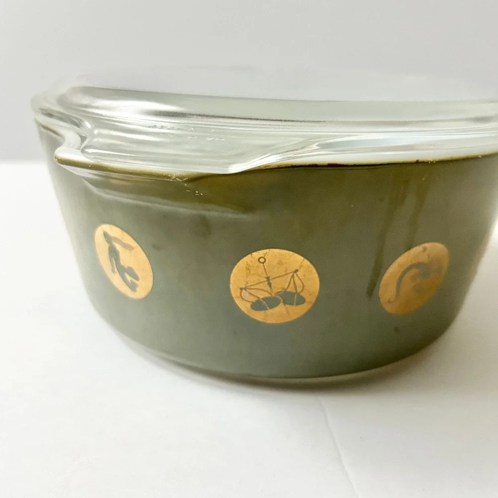 Vintage Pyrex Zodiac Casserole Dish 473 Olive Green Gold 1960s MCM with Lid